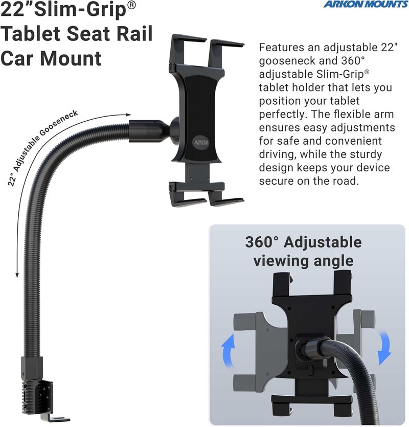 Arkon Mounts - Car Tablet Mount with 22-inch Arm and Seat Rail Attachment | Gooseneck Tablet Holder | Aluminum Construction | Ideal for Cars and Trucks - Image 3